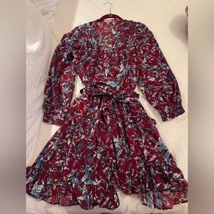 JODIFL Burgundy and Teal Floral Long Sleeve Wrap Dress